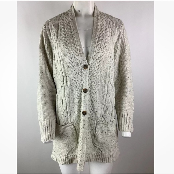 J Jill Sz L Cable Knit Buttoned Granny Cardigan Beige Cotton Acrylic Blend - Picture 1 of 6
